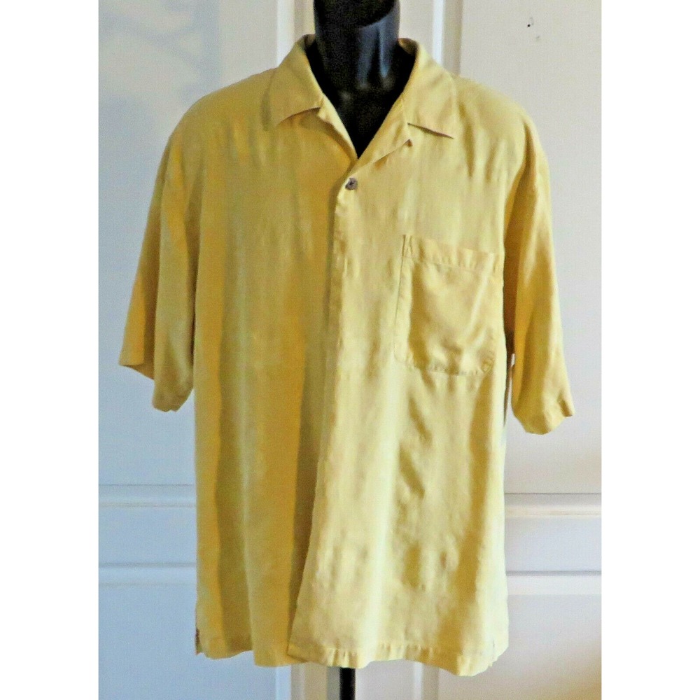 Mens Tommy Bahama Jacquard Ghost Print Hawaiian Shirt 100% Silk Tiki Yellow L